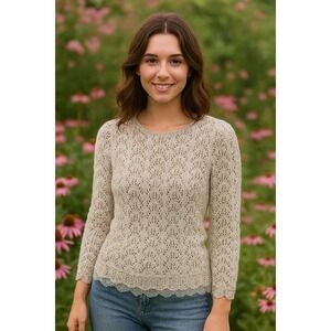 Vintage Vivanti Sweater Womens 8 Cream All Over Crochet Cinch Waist Coquette‎